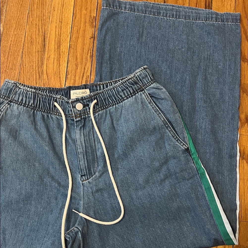 Anthropologie Pilcro Blue Wide-Leg Jeans with Green Stripe. Like new used once. - Picture 6 of 7